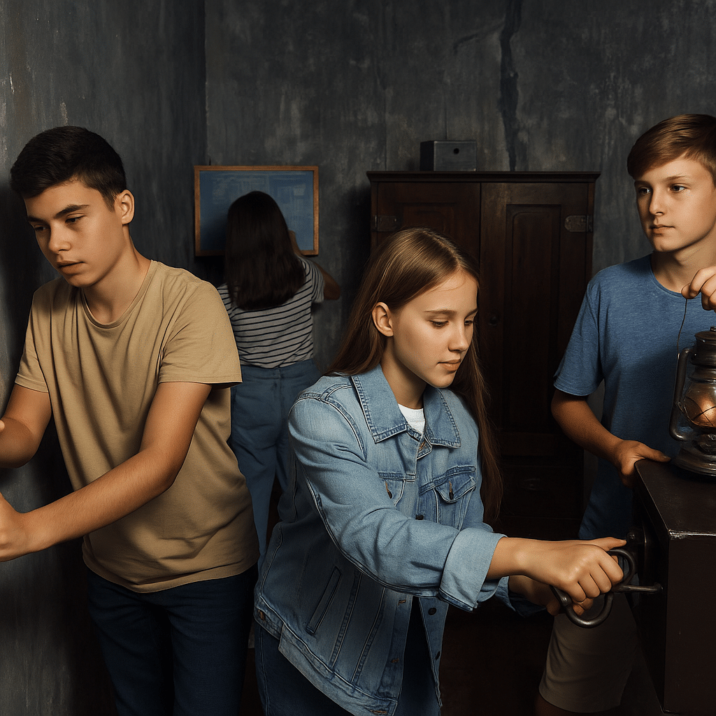 Jovenes investigando escape room