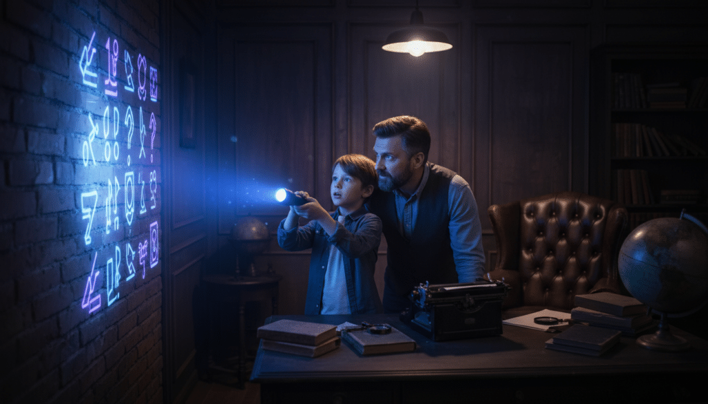 padre e hijo en un escape room