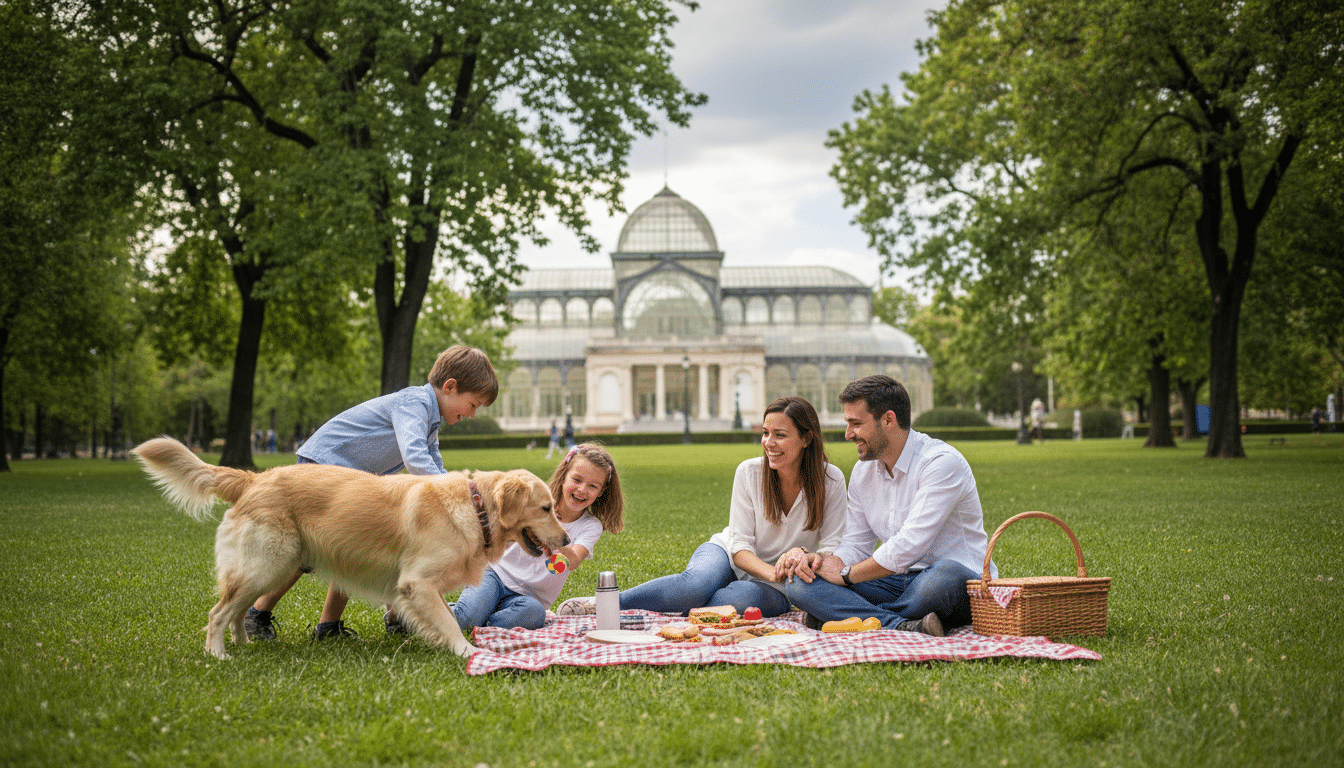 palacio de cristal plan con niños en Madrid